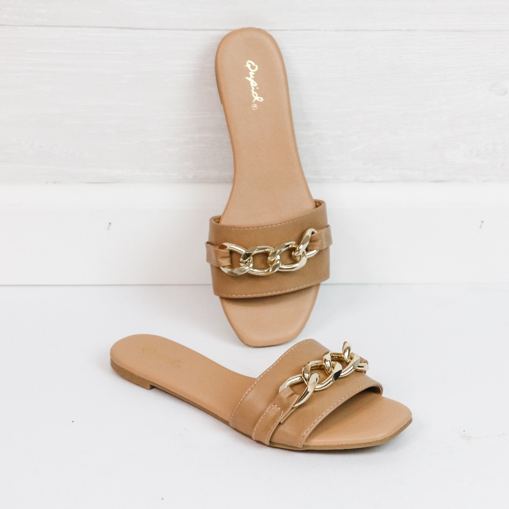 Qupid CHAIN SLIP-ON SANDALS TAN